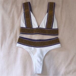 White Bali Top & Cheeky Bali Bottom Elysiian Swimwear with blue and gold
